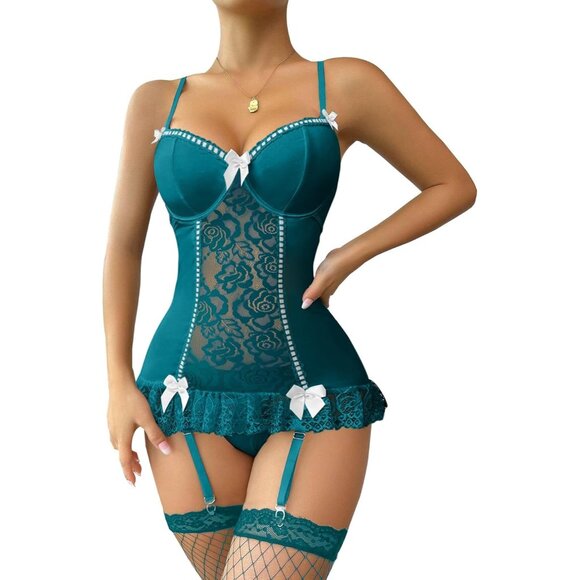 Sexy Floral Lace Garter Belt Babydol Corset Push Up Turquoise White Lingerie Set - threedaughtersproperties.com Sexy Floral Lace Garter Belt Babydol Corset Push Up Turquoise White Lingerie Set - threedaughtersproperties.com